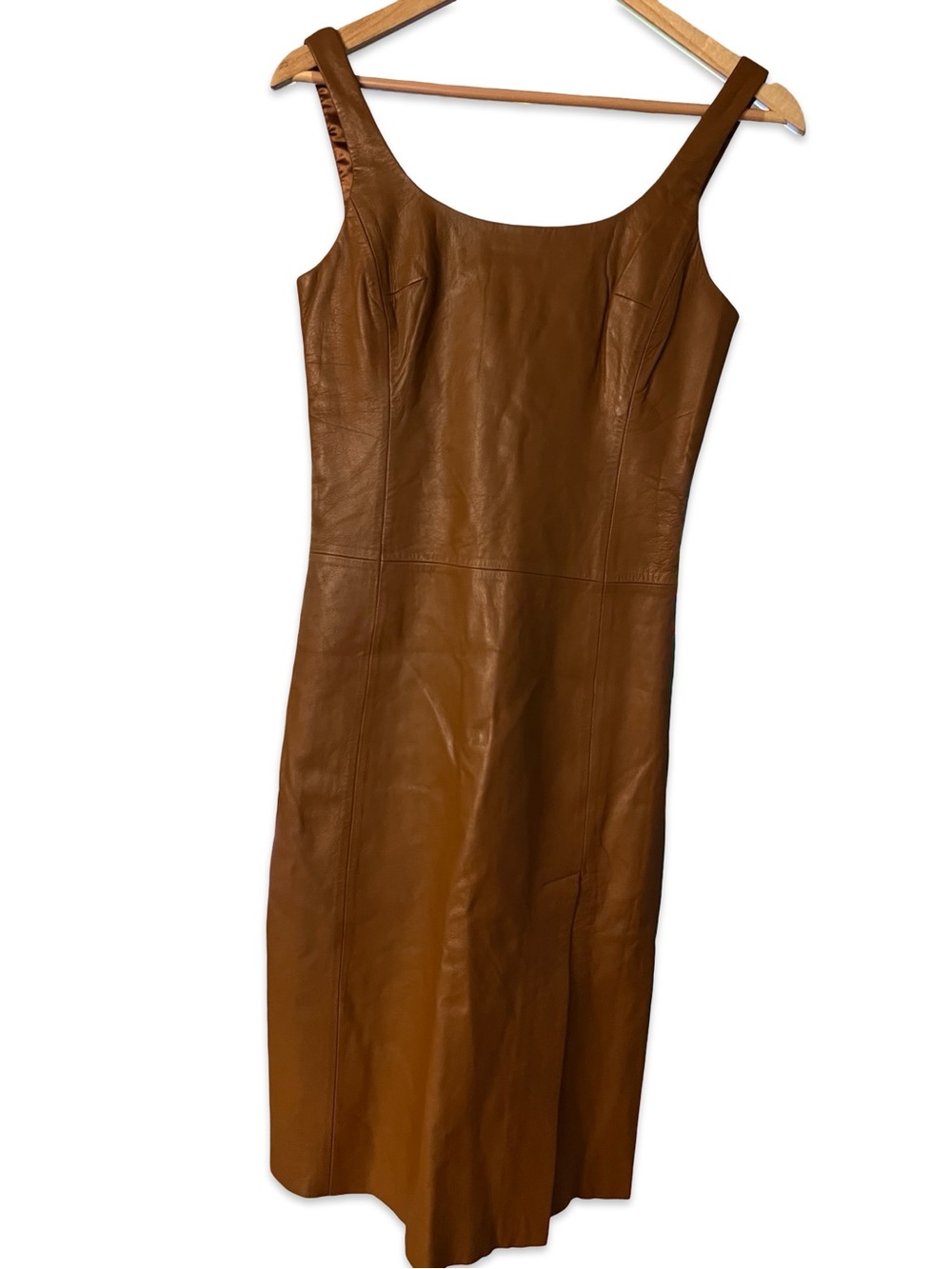 BCBG Max Azria 100% Leather Cognac Brown Sheath Midi Dress Size 6 - Picture 9 of 12